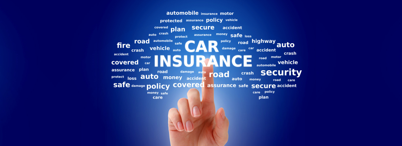 Car insurance collage. Tags cloud over blue background.